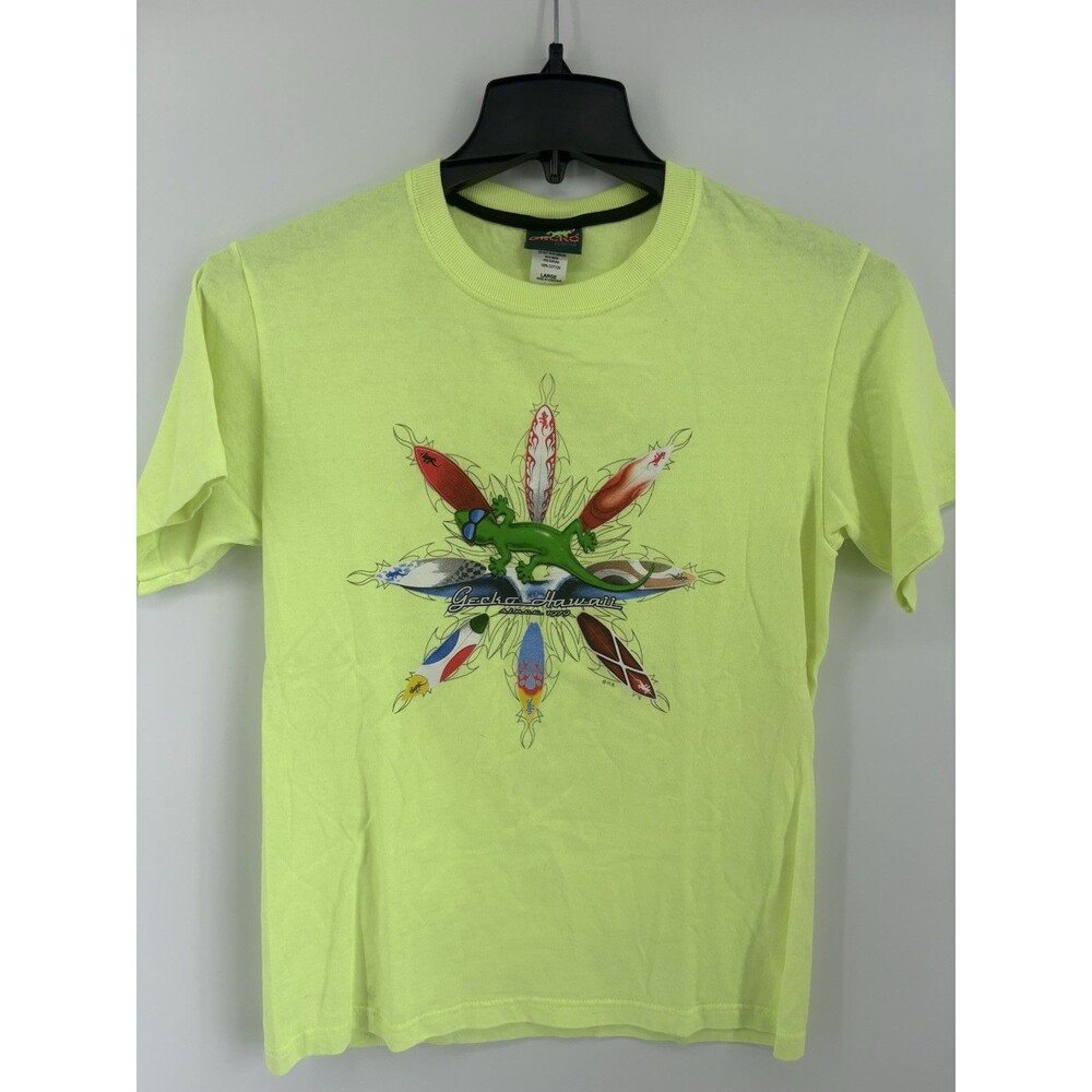 Gecko Hawaii T-Shirt Size Large Men’s Neon Green Gecko Surfboard Graphic